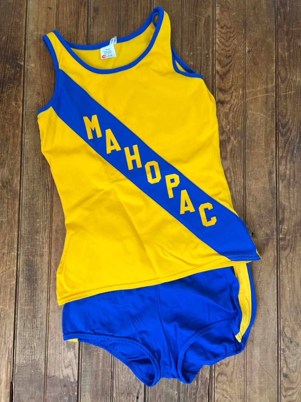 Vintage 1970s Mahopac track gym uniform Blue & Yellow Tank and Shorts Set